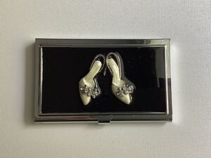 Silver Toned Black Enamel Cream High Heel Rhinestone Business Credit Card Holder